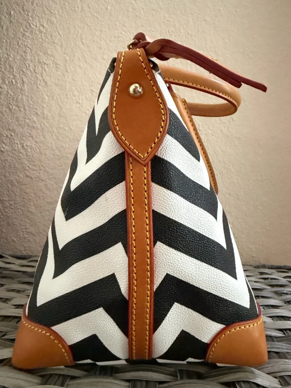 Dooney & Bourke Black & White Chevron Top Handle Satchel - Tan Leather Trim